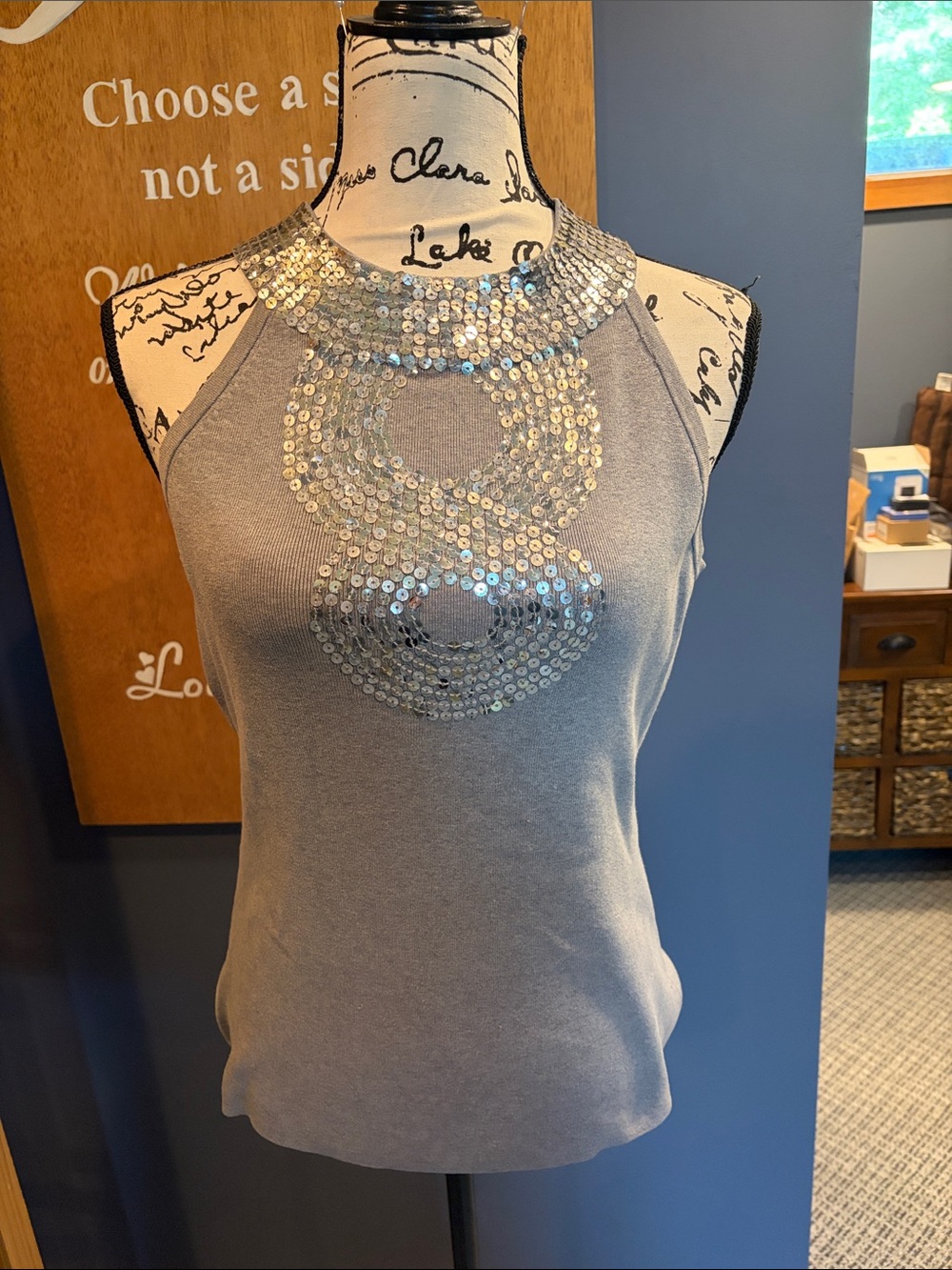 Gray Sleeveless Sequin-Embellished Halter Tank